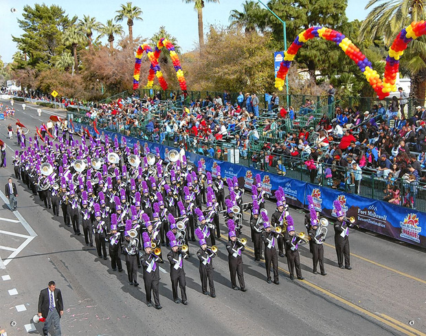 A marching band in the 43rd Annual Fiesta Bowl Parade