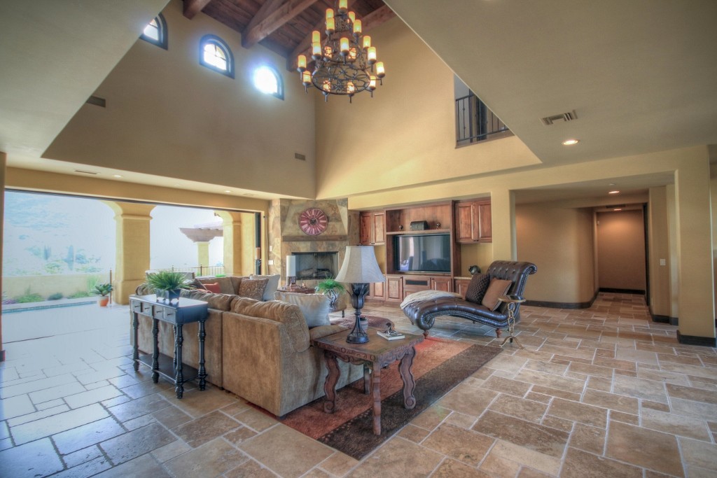 Great room with travertine tile floors