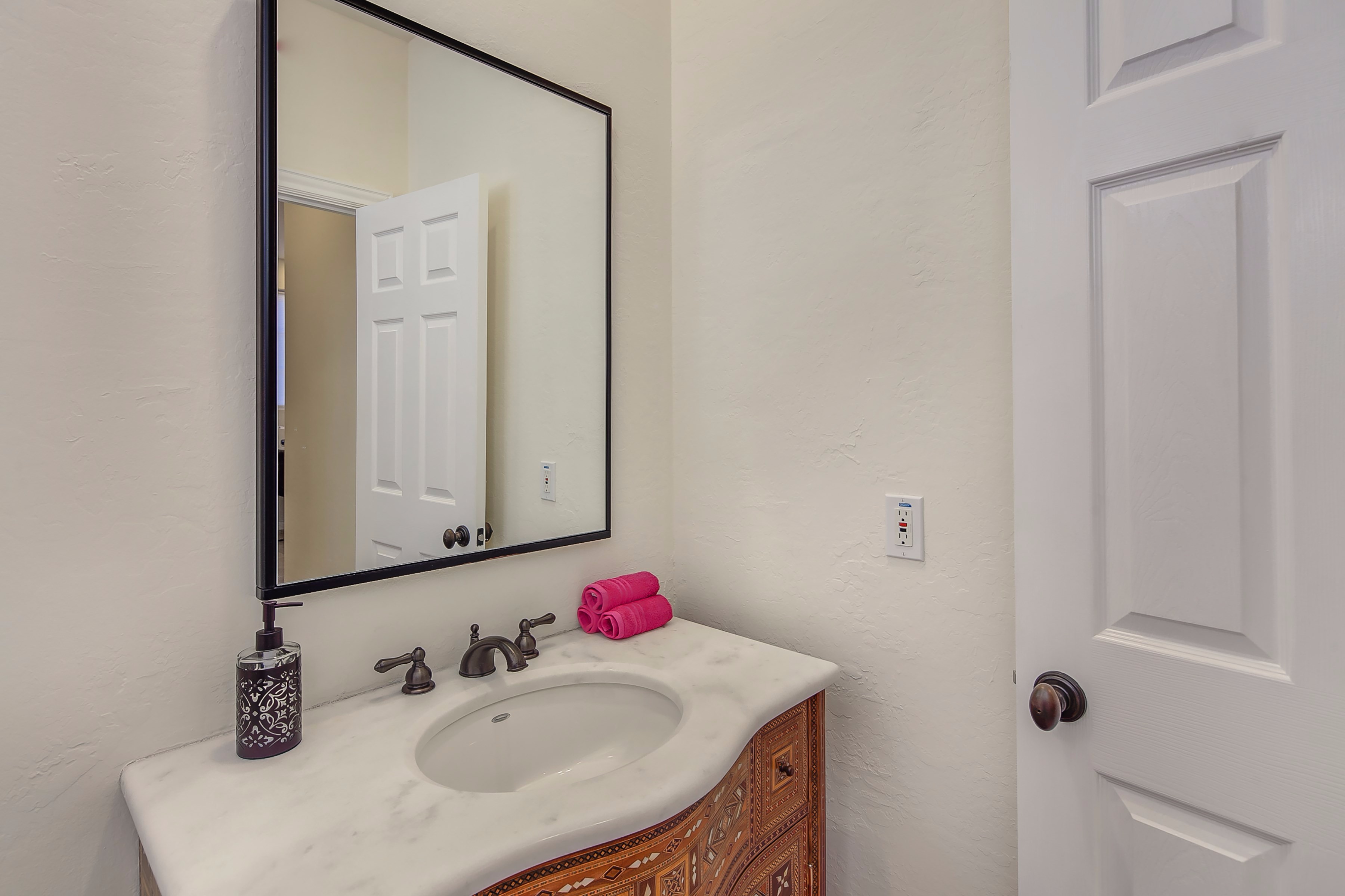 Imported vanity in guest bath at this Scottsdale home for sale in DC Ranch located at 8867 E Mountain Spring Rd Scottsdale, AZ 85255 listed by Don Matheson at The Matheson Team