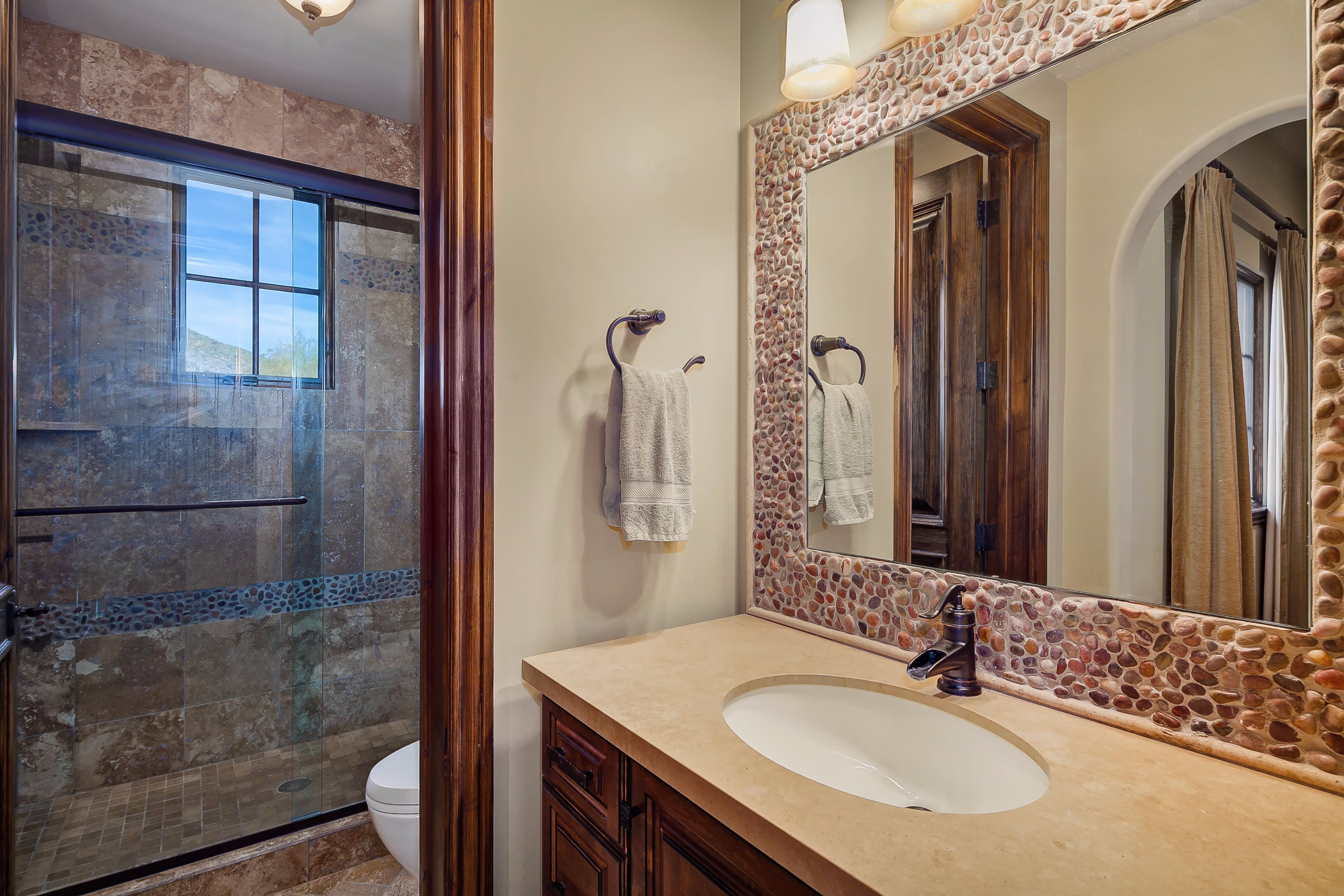 Huge shower in guest bath at this Scottsdale home for sale in Silverleaf located at 10744 E Wingspan Way #1665 Scottsdale, AZ 85255 listed by Don Matheson at The Matheson Team