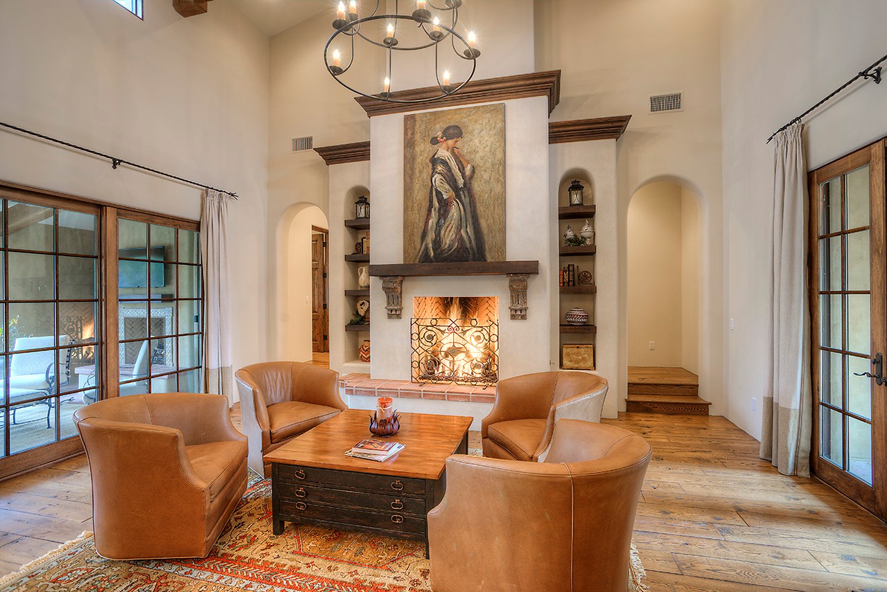 Gas fireplace in great room at this Scottsdale home for sale located at 9290 E Thompson Peak Pkwy #455 Scottsdale, AZ 85255 listed by Don Matheson at The Matheson Team