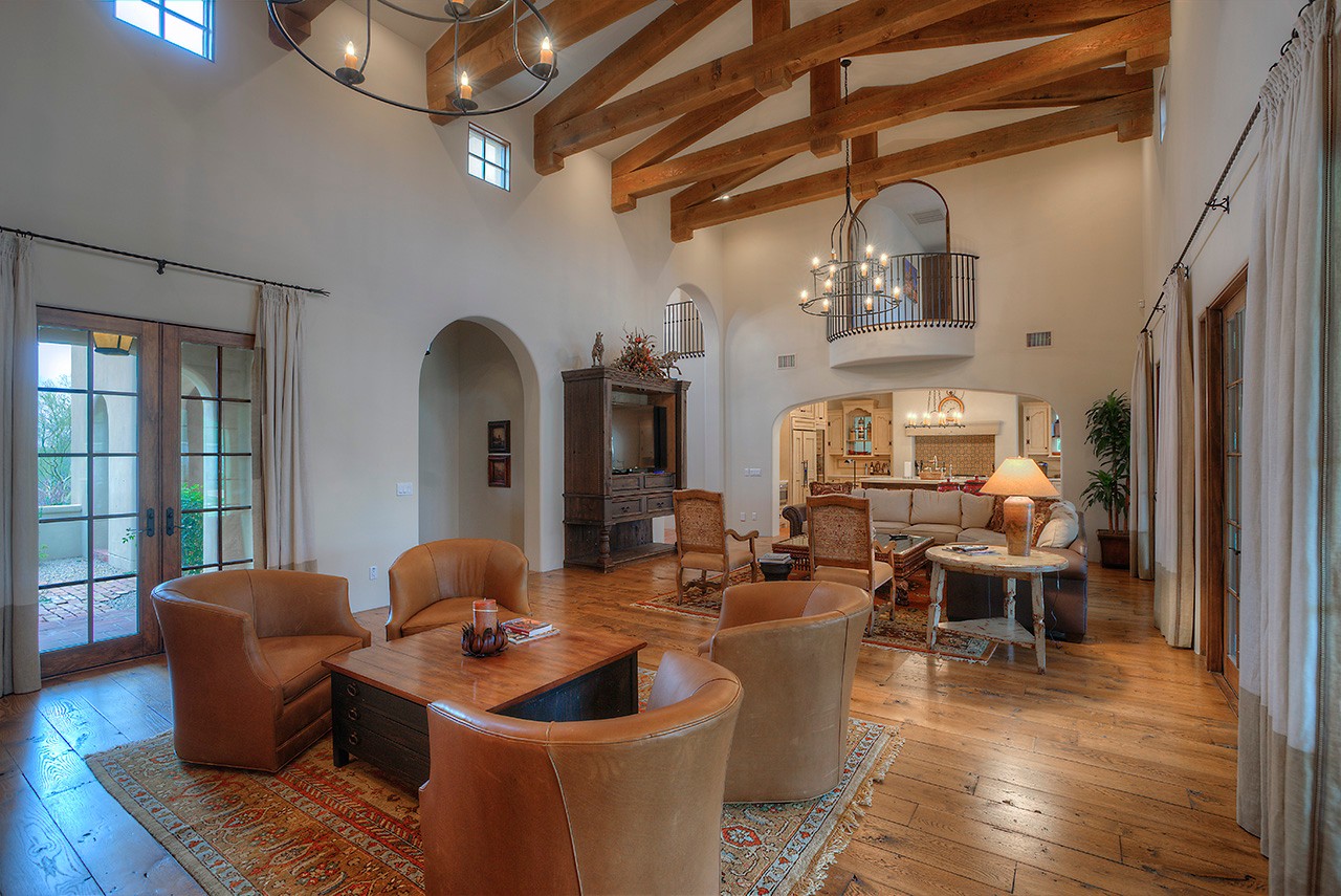 Wood-beamed ceilings at this Scottsdale home for sale located at 9290 E Thompson Peak Pkwy #455 Scottsdale, AZ 85255 listed by Don Matheson at The Matheson Team