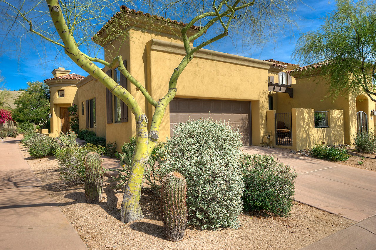 Front exterior elevations at this Scottsdale home for sale located in DC Ranch at 9270 E Thompson Peak Pwky #320 Scottsdale, AZ 85255 listed by Don Matheson at The Matheson Team