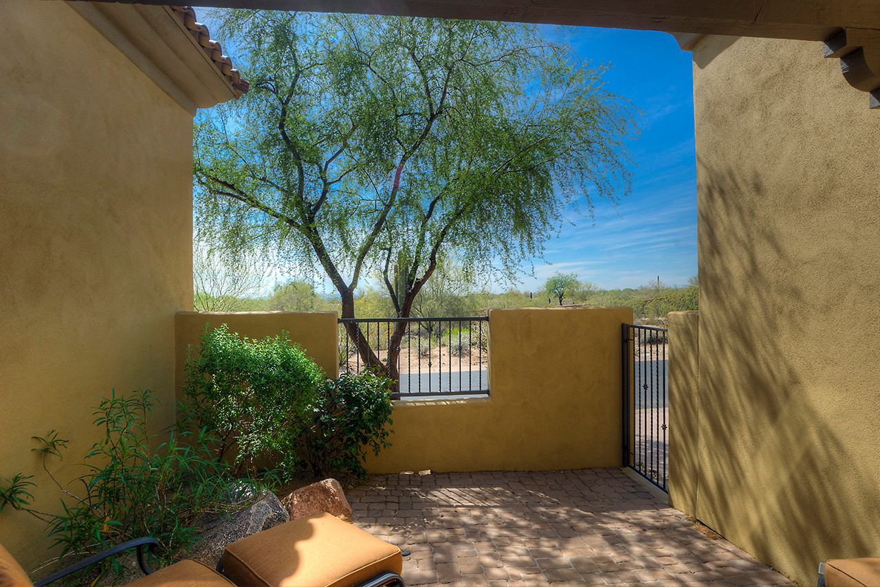 Covered side patio at this Scottsdale home for sale located in DC Ranch at 9270 E Thompson Peak Pwky #320 Scottsdale, AZ 85255 listed by Don Matheson at The Matheson Team